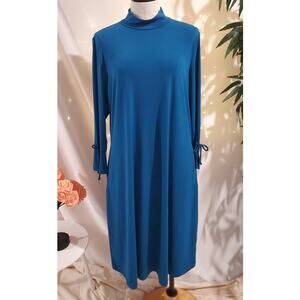 Susan Graver Liquid Knit Mock Neck Stretch Dress Size L Teal Blue Pockets Travel